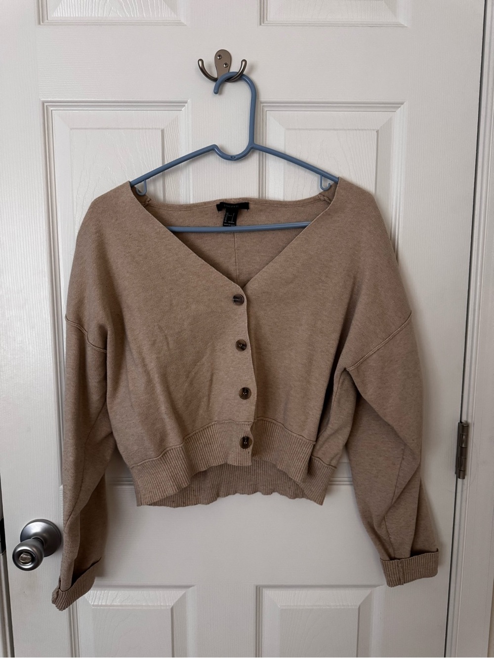 Forever 21 Cropped V-Neck Button Cardigan - Taupe - S